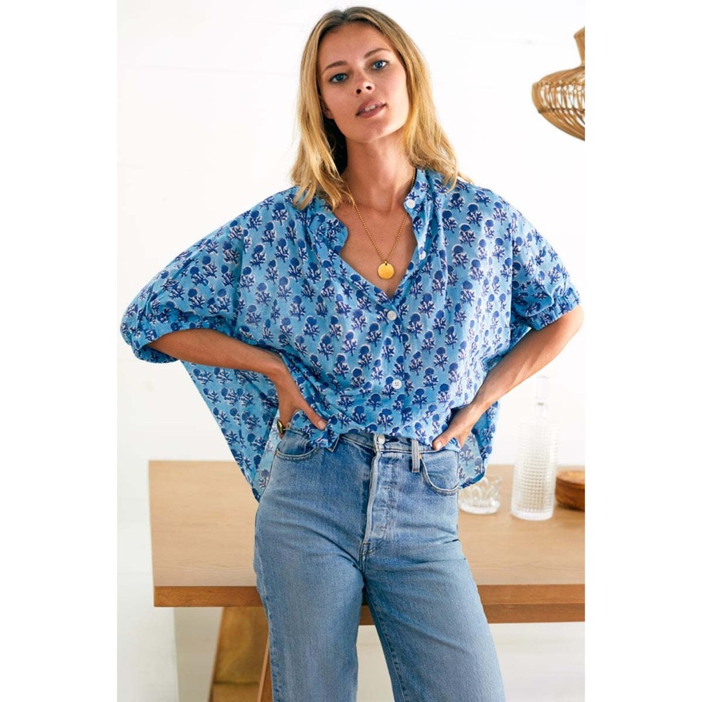 Emerson Fry India Collection Blue Floral Block Print Blouse